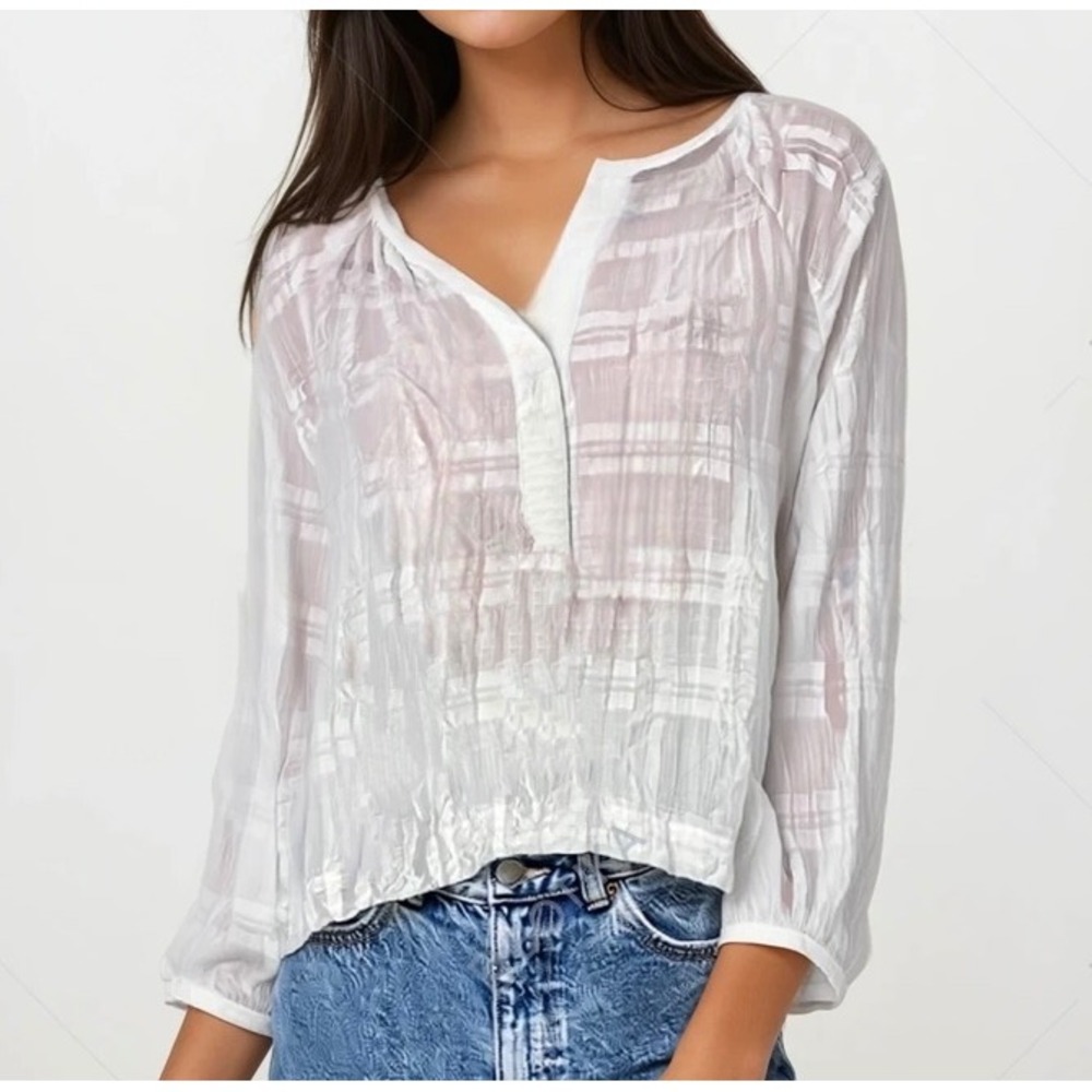 Loft Window Pane Pattern Blouse‎ White Open V-Neck Lon Sleeve Sz XS